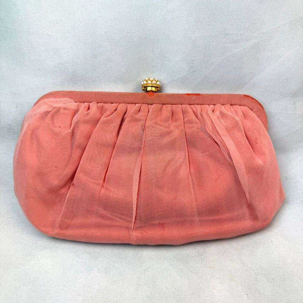 Vintage Morris Moskowitz MM Pink Silk Pearl Accent Clasp Clutch Purse